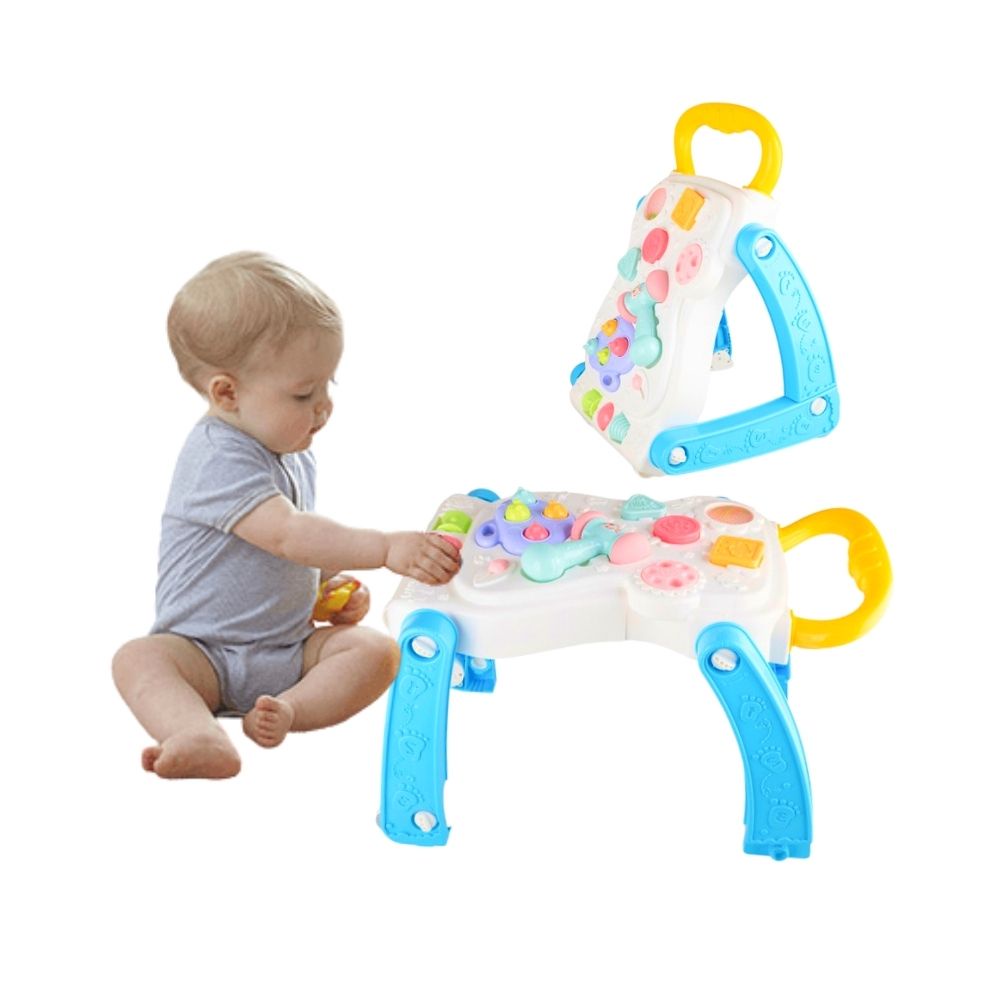 Andador de Bebê Didático Empurrar Infantil 2 em 1 Vira Mesinha Interativo Atividades Brinquedo com Luz e Som - Azul Celeste