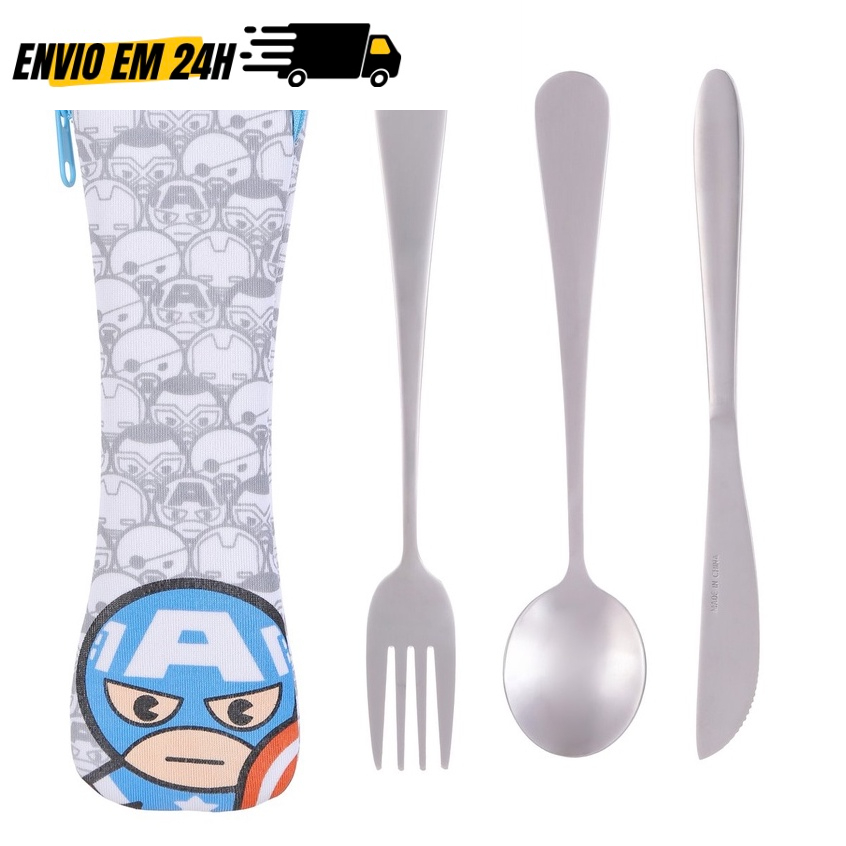 Conjunto Talheres - Colher Faca e Garfo - MARVEL - Infantil com Estojo MINISO  - HULK - THOR - CAPITÃO AMÉRICA - HOMEM DE FERRO Talheres para Bebe