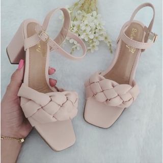 Sandália Feminina Salto Baixo 7,5 cm Bloco Com Trança Confortável Lançamento Cores Rose Preto Nude Ouro Branco Ref 6808