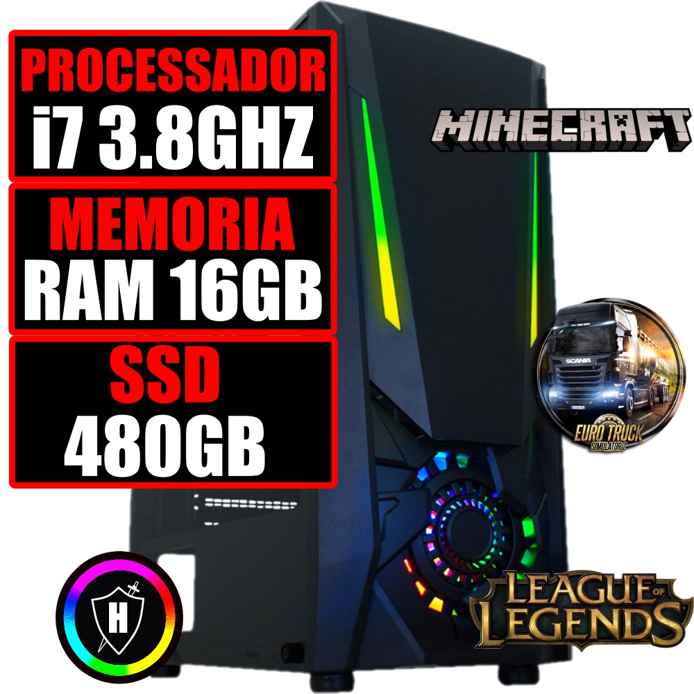 Computador PC Gamer Intel Core i7 3.6Ghz / Placa GeForce 4GB / 16GB RAM /  SSD 480GB / Monitor 19