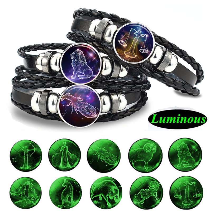 Gemini Leo Libra Scorpio Sagittarius 12 Constelação Pulseira Luminosa Punk De Couro Zodiac garrafa de agua Charme Jóias Para Homens em Oferta na Shopee