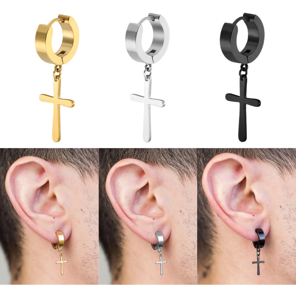 brinco masculino feminino argola preta dourado prata com cruz crucifixo em aço inoxidável