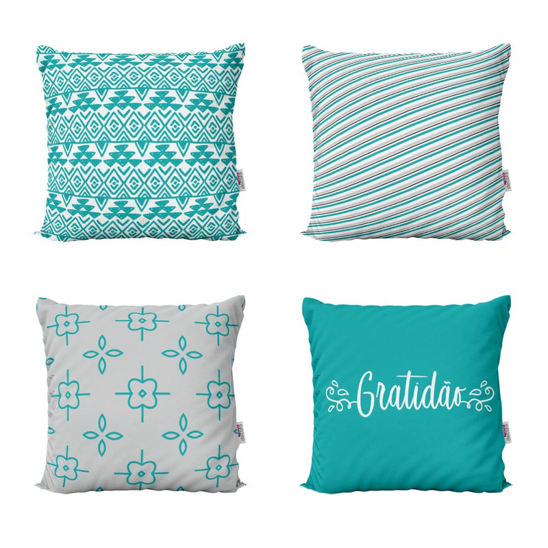 Almofadas Decorativas Azul Turquesa Gratidão Para Sofá 40x40 - Novadecora