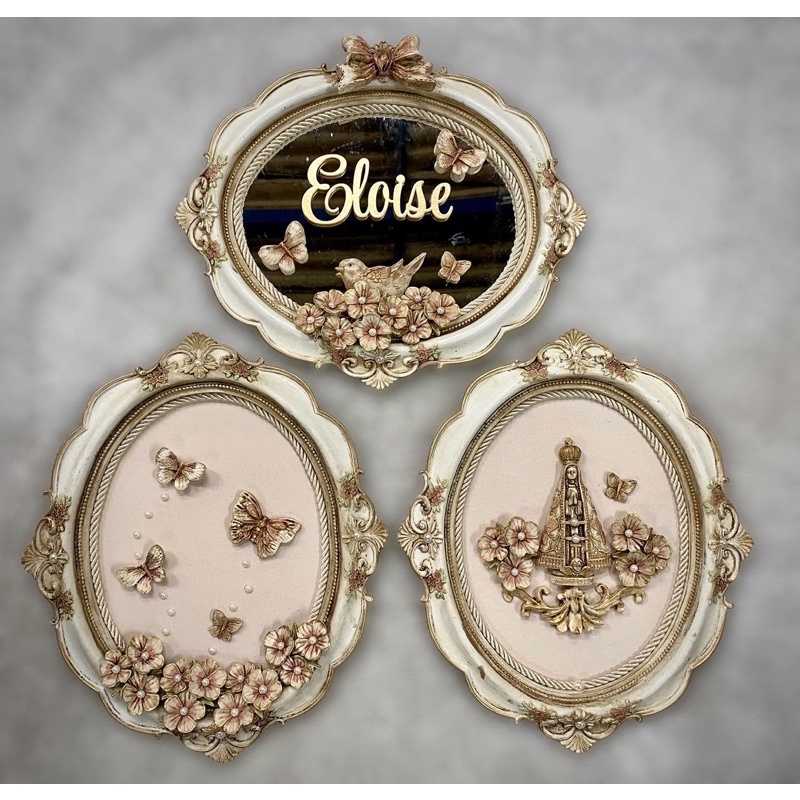 Trio de quadros para quarto de menina com espelho e tecido flores e borboletas