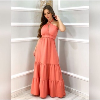 Vestido longo coral. Vestido rodado fluido. Vestido coral. Vestido rodado. Vestido de festa. Vestido casual.