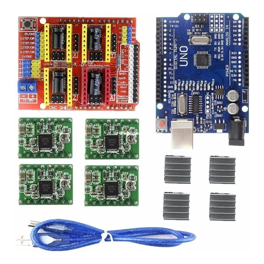 Kit Cnc Shield V3 + Compatível Arduino Uno R3 Cabo Usb + 4 Driver A4988