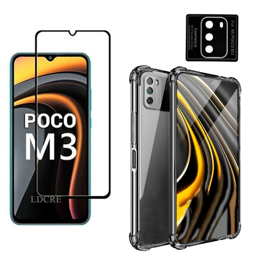 Kit Celular Poco M3 Blindado Capa Anti impacto Xiaomi + Película 3D Full Cover + Película Para Câmera Pocophone M3