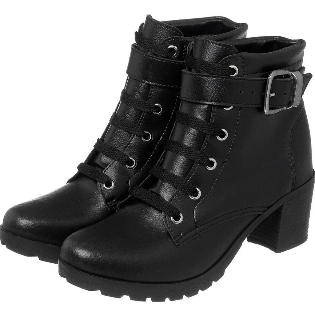 Coturno Botinha Cano Baixo Fivela Preto Sintético