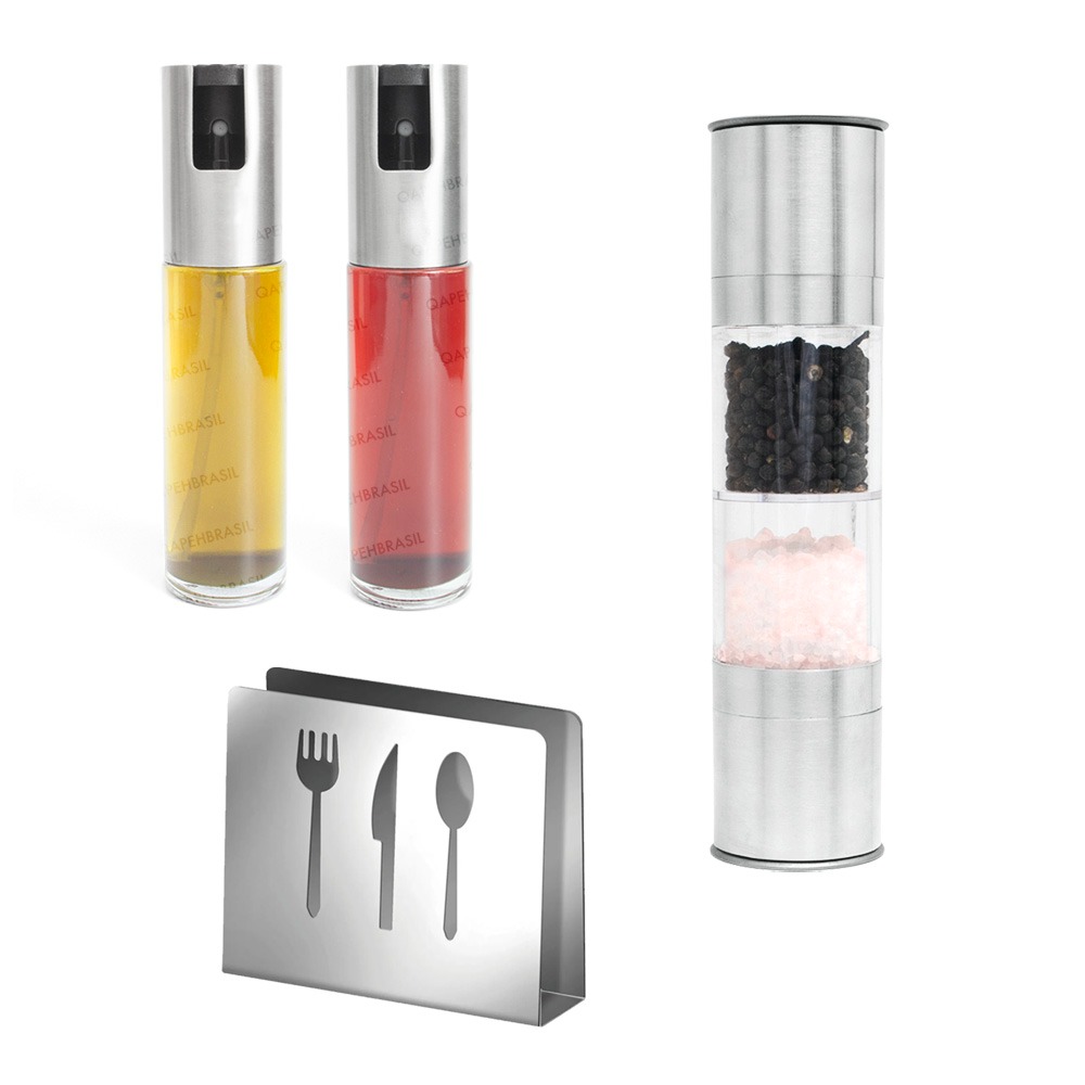 Kit 2 Galheteiro Spray  Inox + Porta Guardanapo Inox + Moedor inox 2 em 1