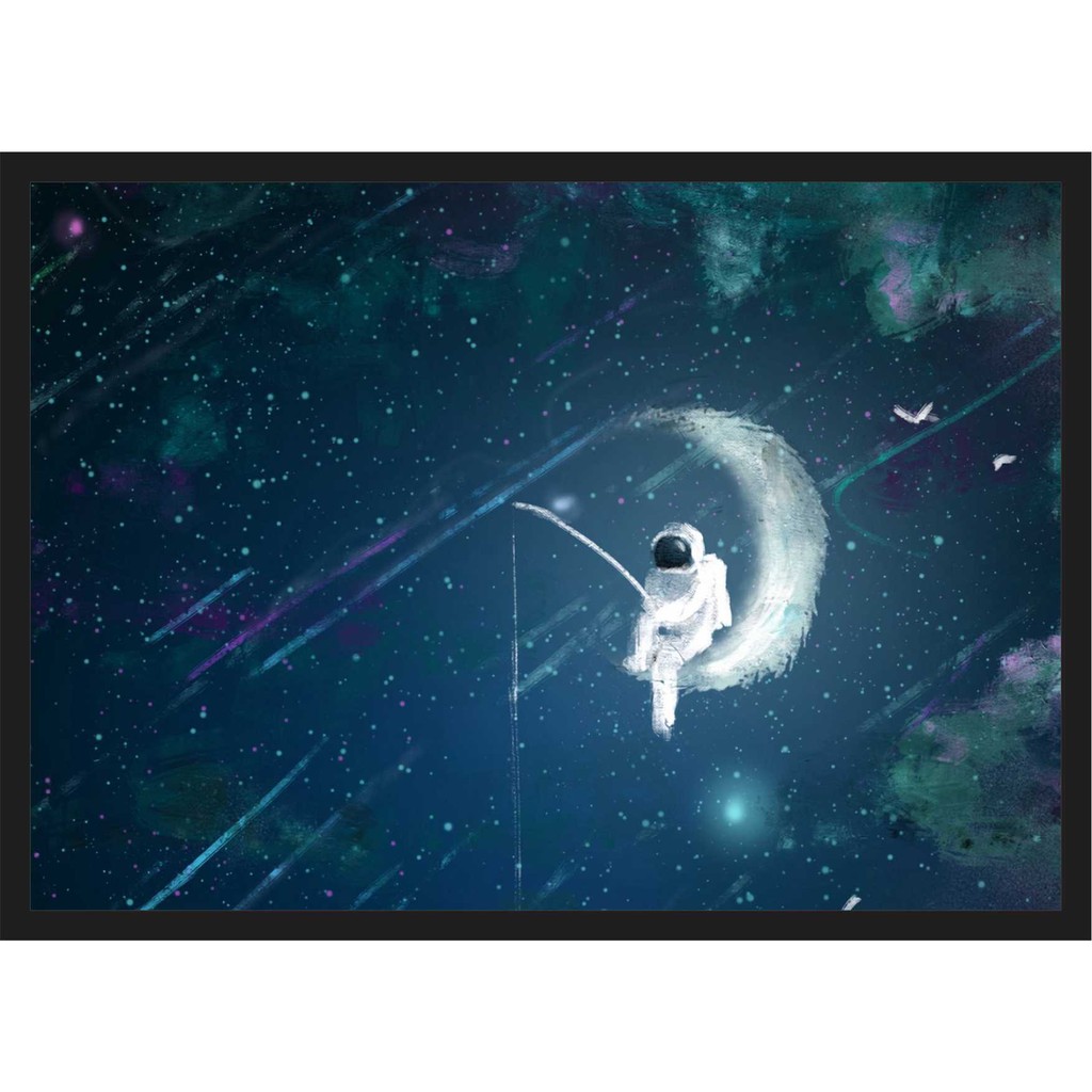 Quadro Decorativo Astronauta Pescando Universo Lua Espaço Salas Quartos Com Moldura T05 PP