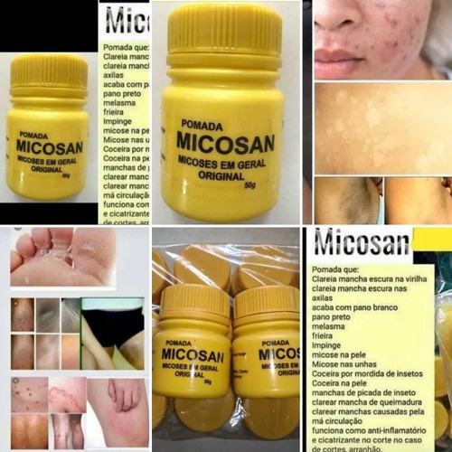 2 Pomada Micosan 50g - A pomada micosan e indicado para clamentl da pele,  sendo ela em axilas escuras,pescoços e cutuvelos. Serve para impinje pano  branco e pano preto,micose em unhas.