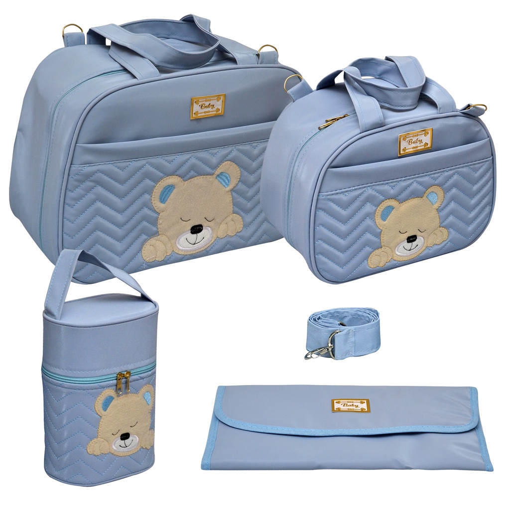 Kit Bolsa Mala Maternidade Luxo Azul Bebê Urso Menino/Masculino 4 Peças