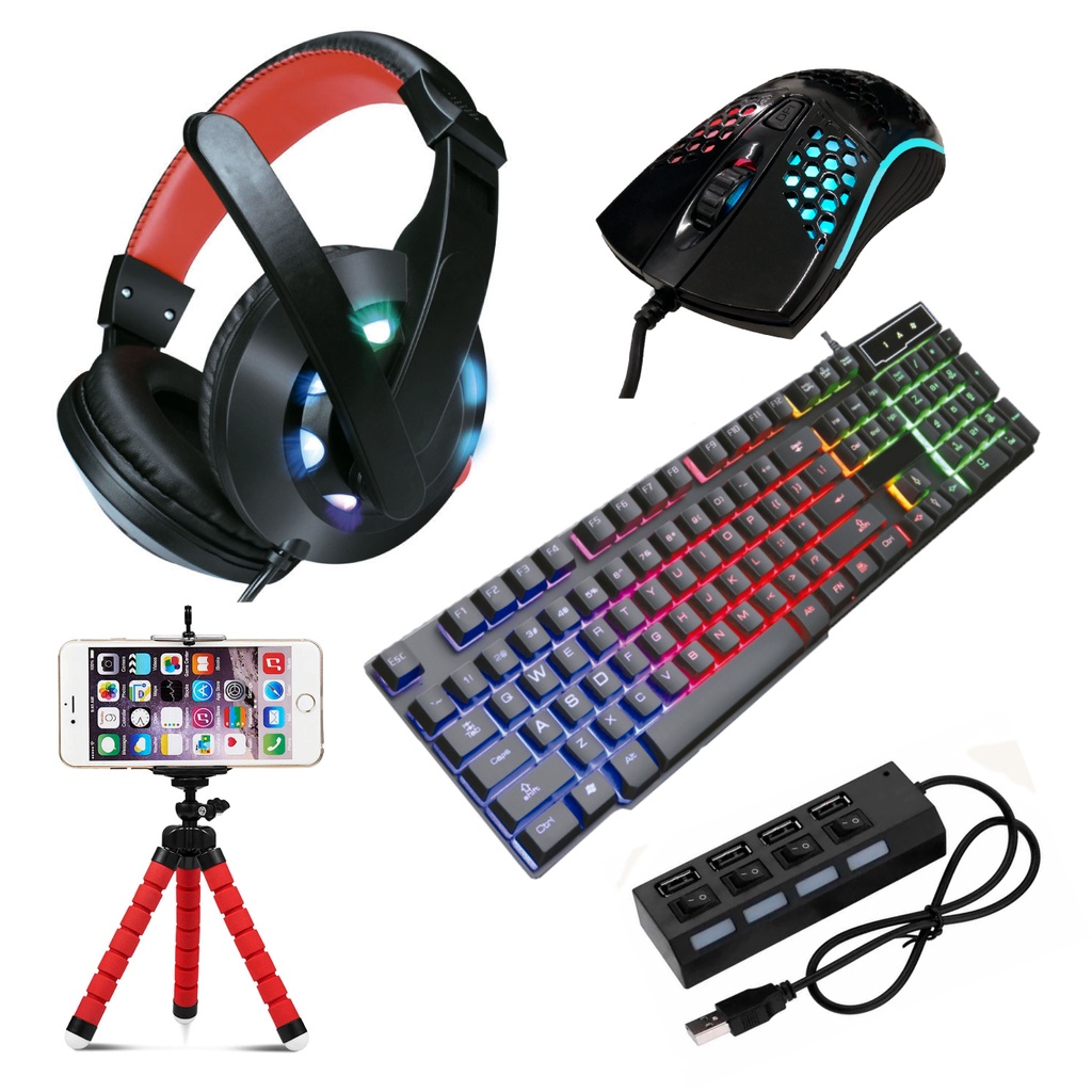 Kit Gamer Barato Teclado Gamer + Mouse Gamer + Fone Gamer + Suporte de Celular + Hub USB 4 Portas