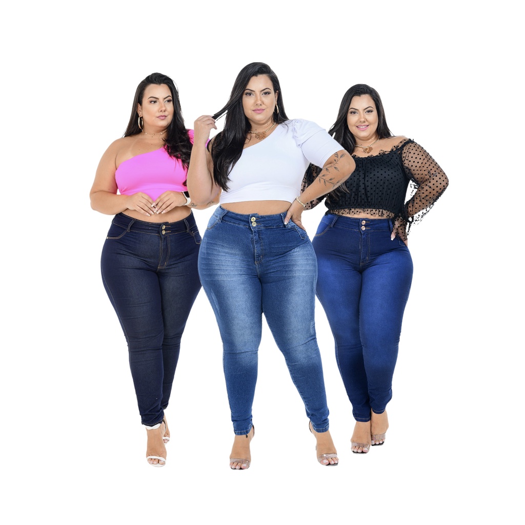 Kit 3 Calças Jeans Feminina Plus Size Feminina Com Lycra Cintura Alta