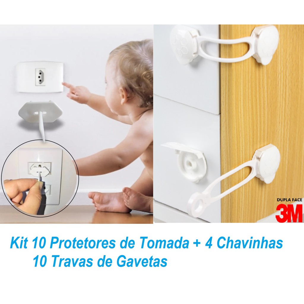 Kit 10 Travas de Gavetas + 10 Protetores de Tomada e 4 Chavinhas Branco