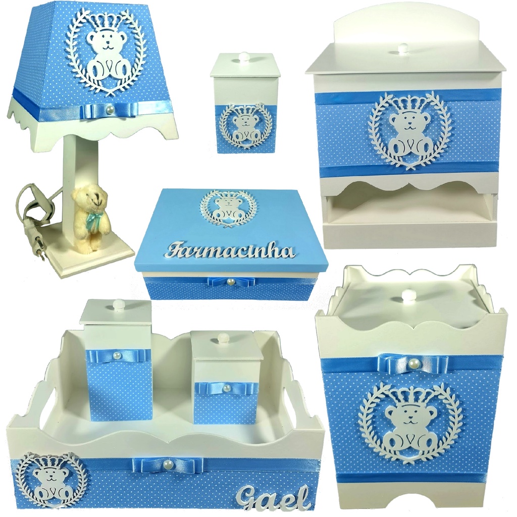 Kit Higiene bebê decorado com nome - urso realeza branco e azul claro de bolinhas