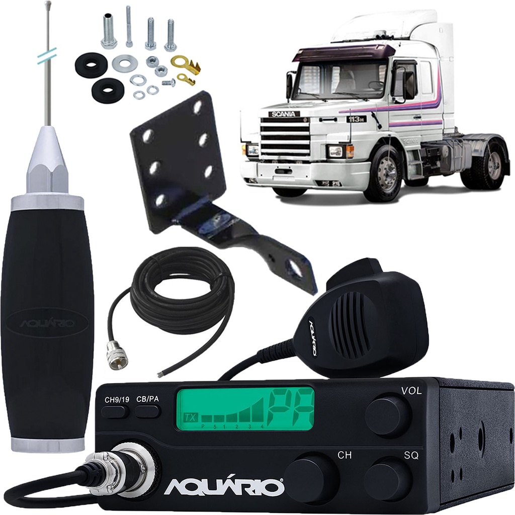 Rádio Móvel Px 40 Canais Rp-40 Antena Maria Mole 2,70 metros Cabo 5,5 metros Suporte Dianteiro Capô Scania Kit Parafusos Anti-Furto