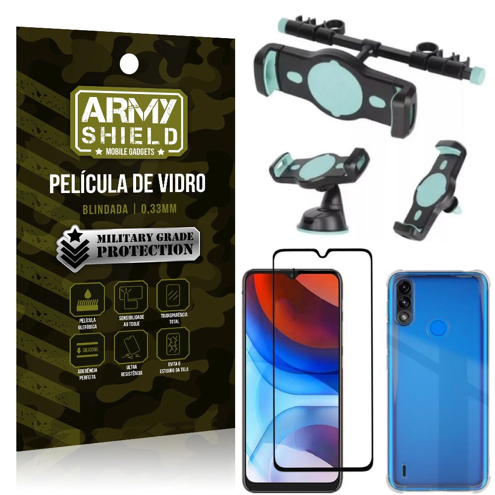 Kit Moto E7 Power Suporte Veicular 3 em 1 + Película 3D + Capa Anti Impacto - Armyshield