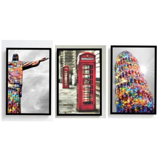 Kit 3 Quadros Decorativos Londres Cristo Redentor Roma Coliseu Colorido Personalizados Molduras
