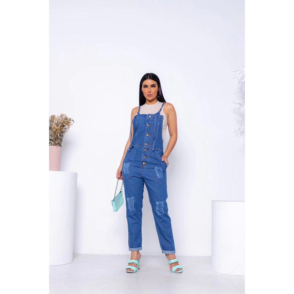 Macacão Jeans Feminino Jardineira Jeans Feminina Lançamento Calça Pronta Entrega Moda Modinha Instagram