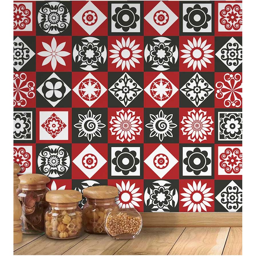 Adesivo Azulejo Grego Vermelho Mandala para Área Gourmet 1,00 metro em Oferta na Shopee