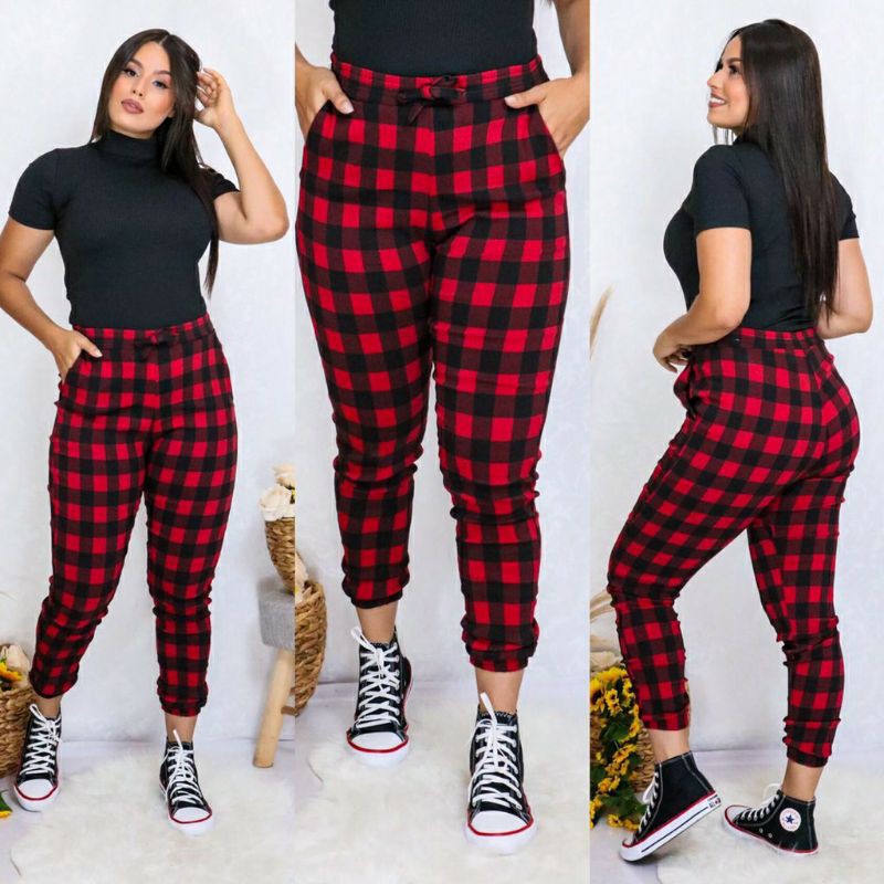 Calça Xadrez Quadriculada Bengaline Roupa Femenina Jogger