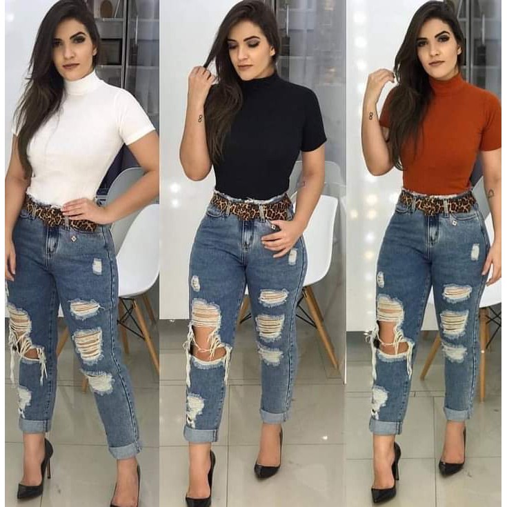 Blusa feminina canelada gola alta manga curta elegante top em Oferta na Shopee
