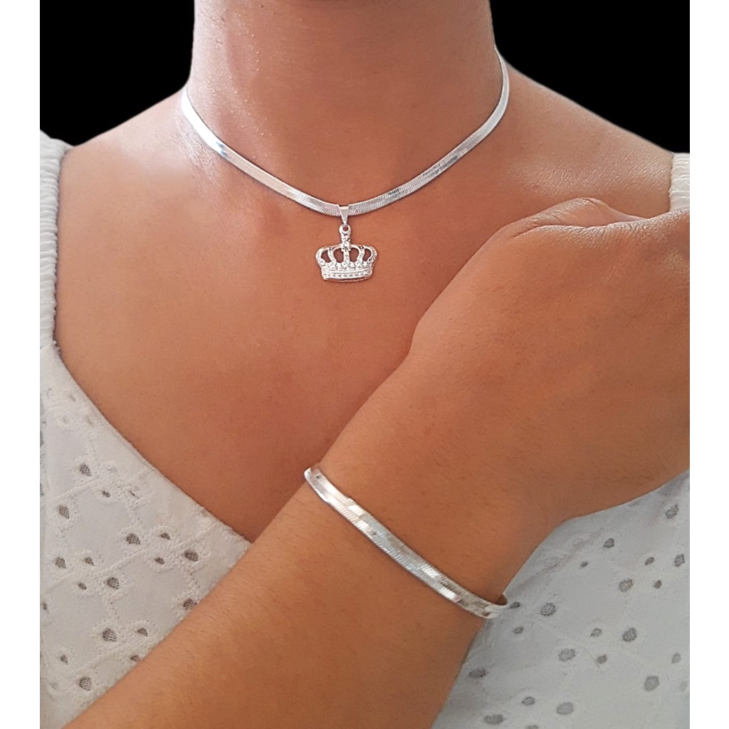 Kit Feminino Coroa Colar E Pulseira Laminada Banhado a Prata 925 lindo
