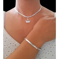 Kit Feminino Coroa Colar E Pulseira Laminada Banhado a Prata 925 lindo