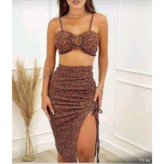 conjunto saia lápis fenda+top crooped alça verão 2022 em Oferta na Shopee