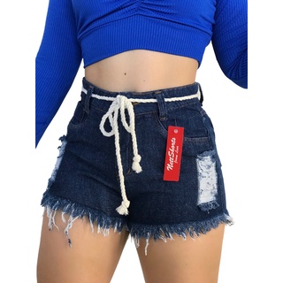 Bermuda Jeans Feminino com laço Short Curto Escuro
