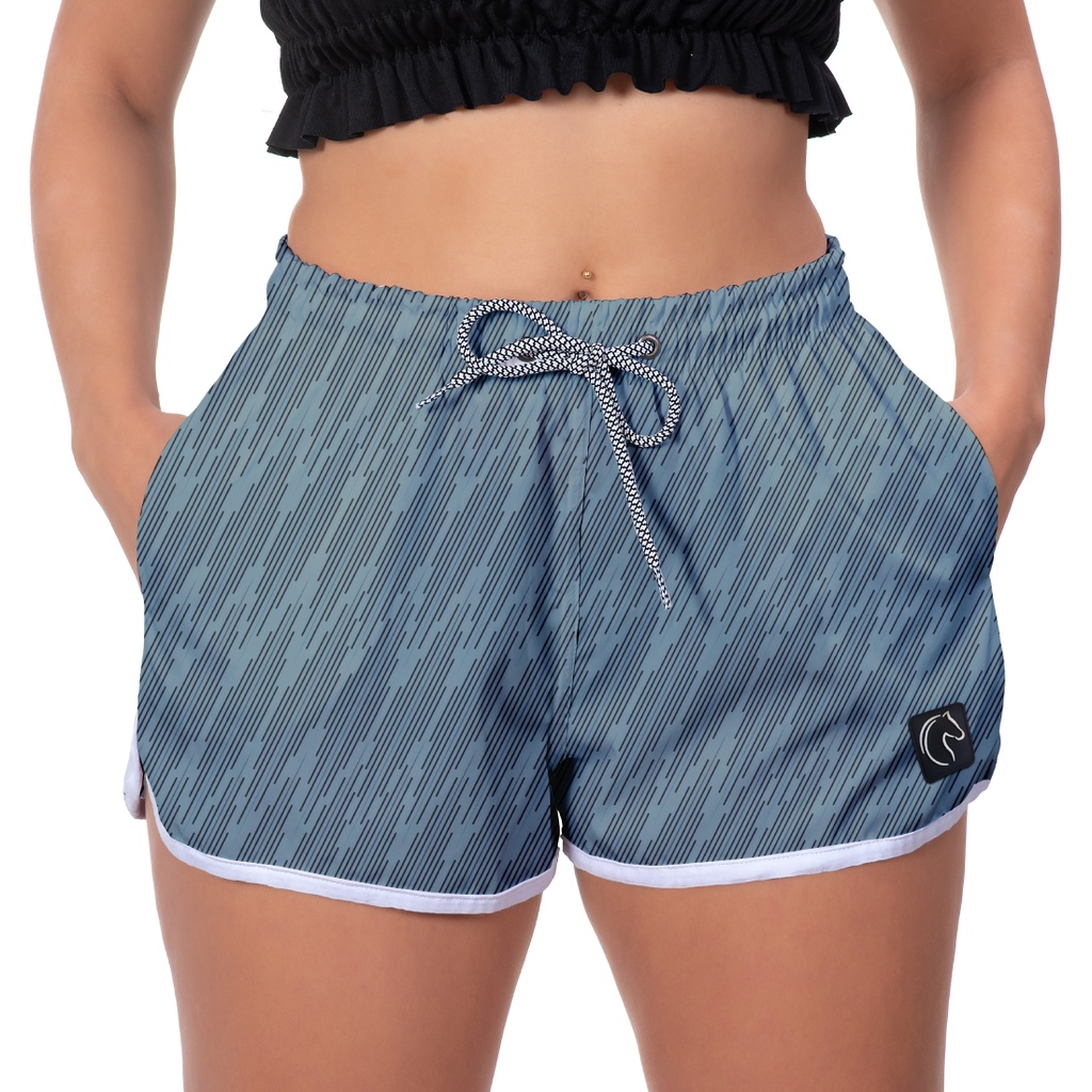 Short Feminino Curto Rabiscado Cinza Tactel Com Bolso Moda Praia Academia Caminhada Casual Secagem Rápida W2