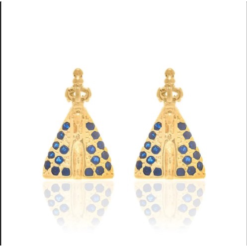 Brinco Rommanel 524956 Nossa Senhora Aparecida com Zircônias Azuis - Folheado a Ouro 18K, 1,5 cm