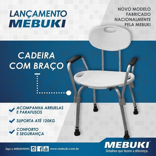 Cadeira de Banho P/ Banheiro com Encosto e Braço Mebuki Banqueta Box.