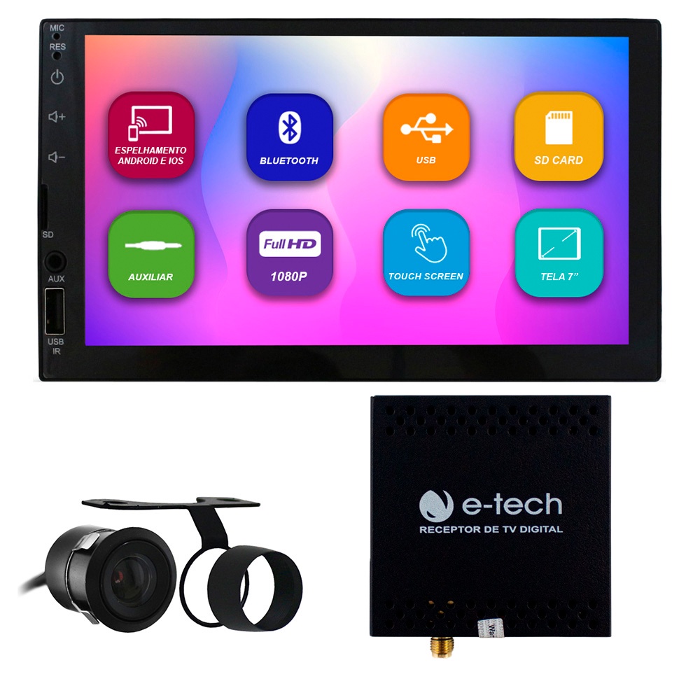 Kit Multimidia Mp5 Automotivo 2 Din 7 Pol E-Tech Light Bluetooth Espelhamento Android IOS Receptor Tv Digital Camera Ré em Oferta na Shopee