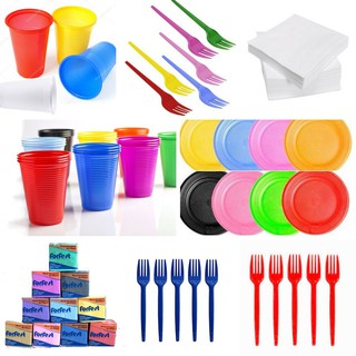 Kit Descartáveis Itens Prato, Copo, Garfo, Guardanapo 400und colorido