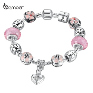 BAMOER Prata Banhado Charm Bracelet Com Pingente De Coração & Flor De Cerejeira Charme Rosa Contas De Vidro Murano Amizade Pulseira PA1459 em Oferta na Shopee