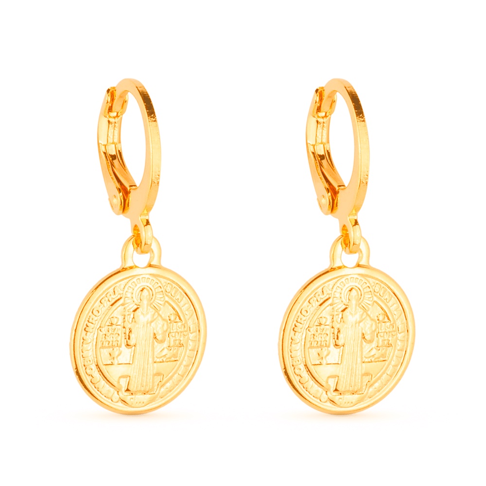 Brinco de Argolinha Dourado Religioso Com Medalha Banhado a Ouro 18K- Semi Jóia de Luxo (BR 597) em Oferta na Shopee