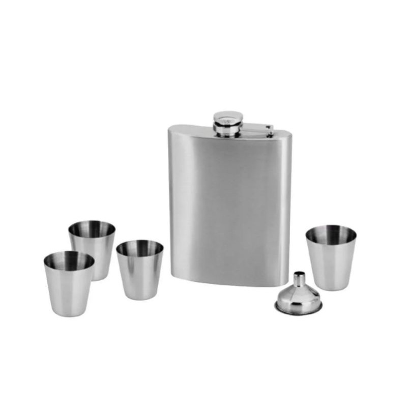 Kit Cantil Porta Bebida Bolso Inox Com 4 Copos 1 Funil