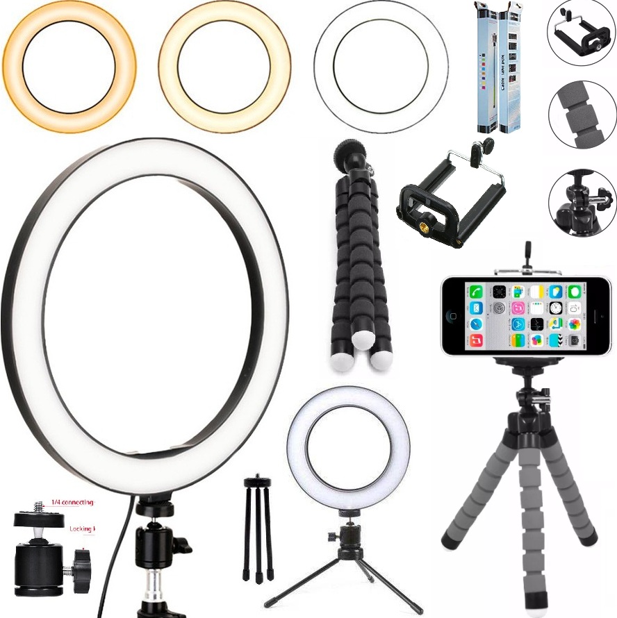 Kit Acessórios Para Youtuber Tripé Para Celular Smartphone Iphone Android Universal + Iluminador Ring Light Led Flash