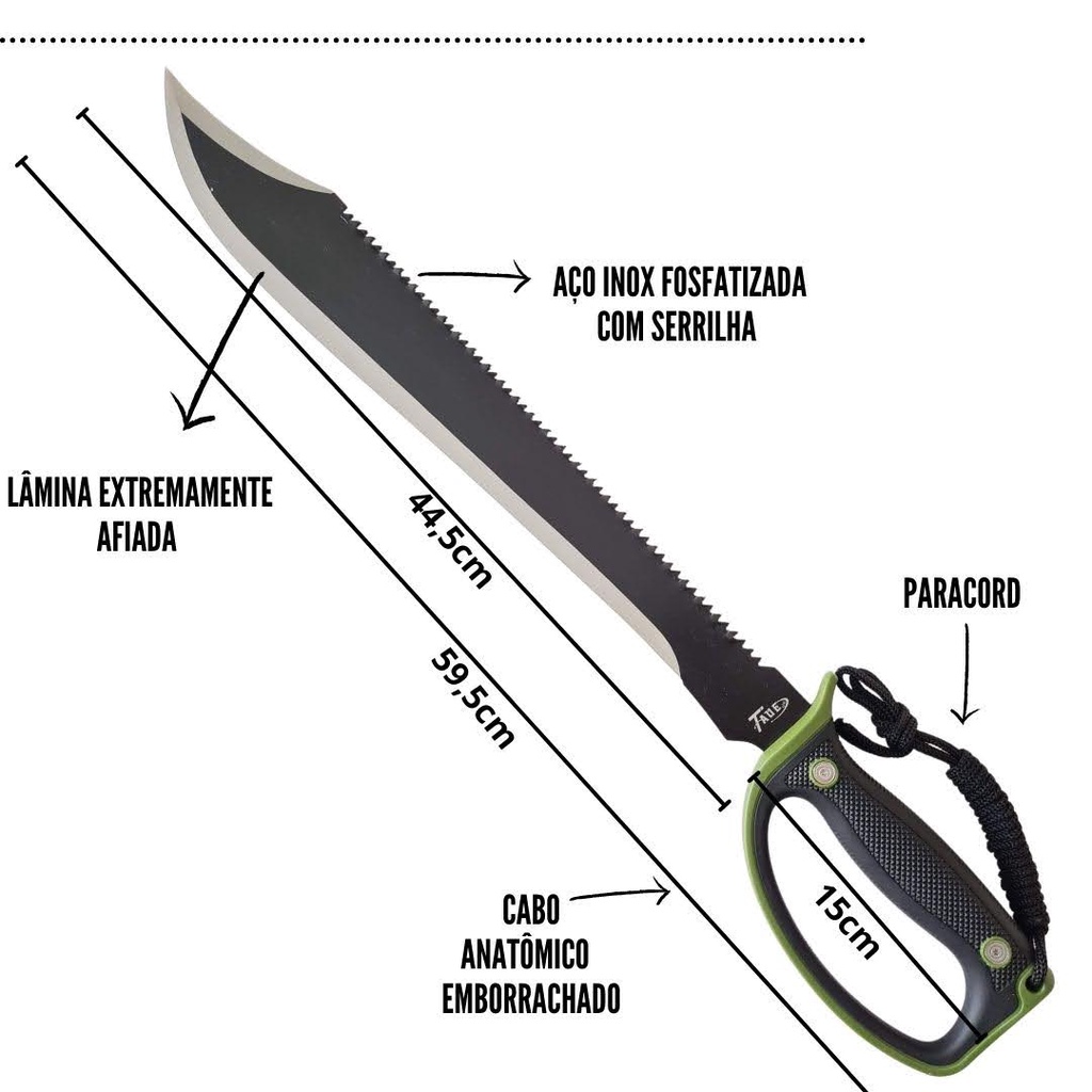 Facão Medieval Tático Sobrevivencia Aladim Lamina Preta Com Serra Cabo Emborrachado Com Bainha e Fiel