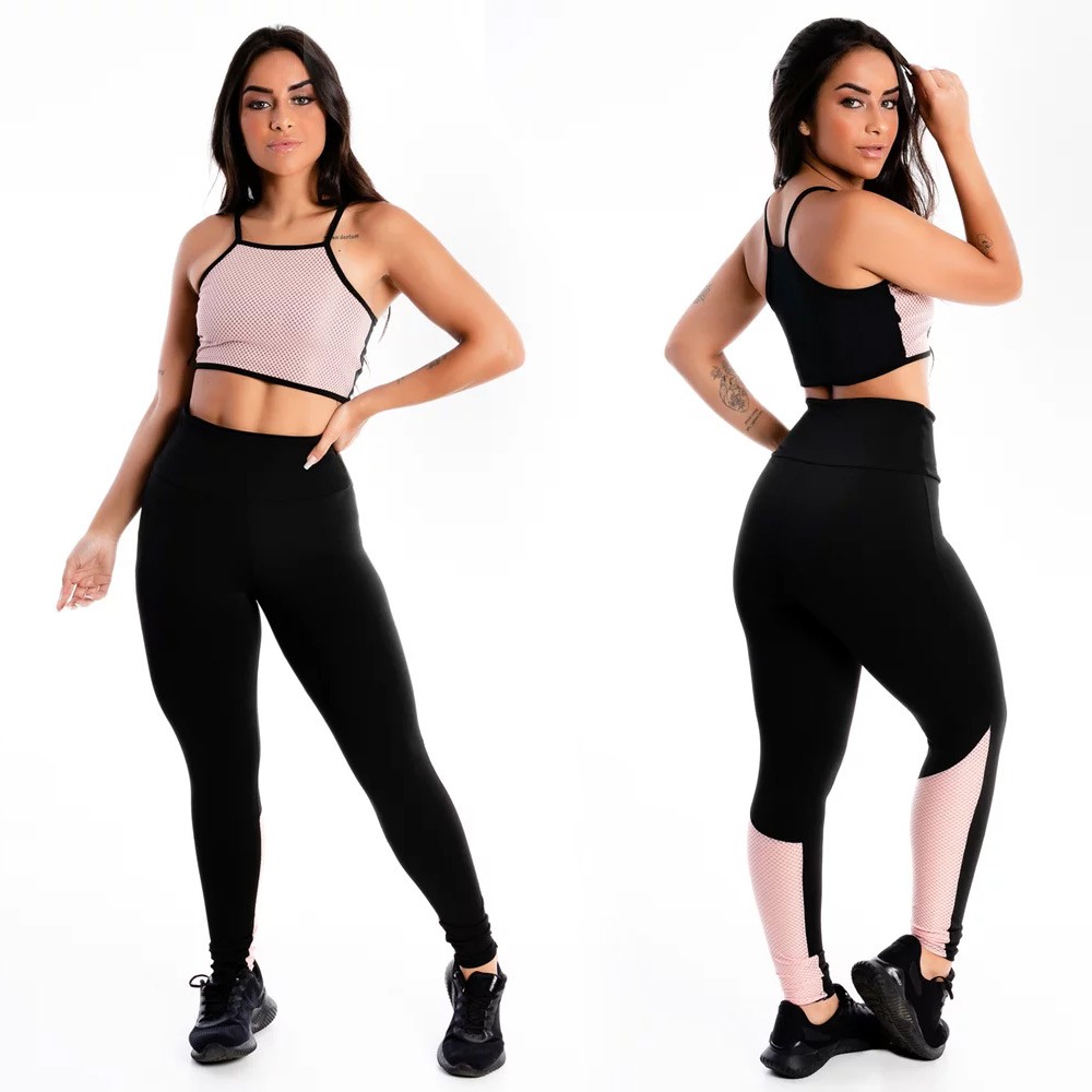 Conjunto Fitness Academia Cropped Alcinha e Calça Legging Preta Detalhe Tela Rose Sem Transparência