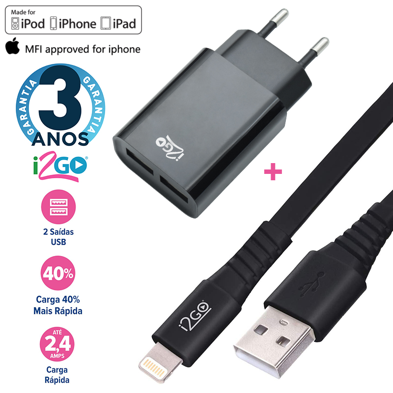 Carregador Turbo iPhone 2.4A + Cabo Lightning Chip Original 1,2m Preto