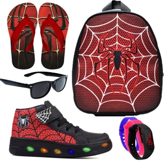 Kit Tênis Infantil De Led Meninos Botinha Aranha + Mochila Escolar Chinelo Óculos Relógio em Oferta na Shopee
