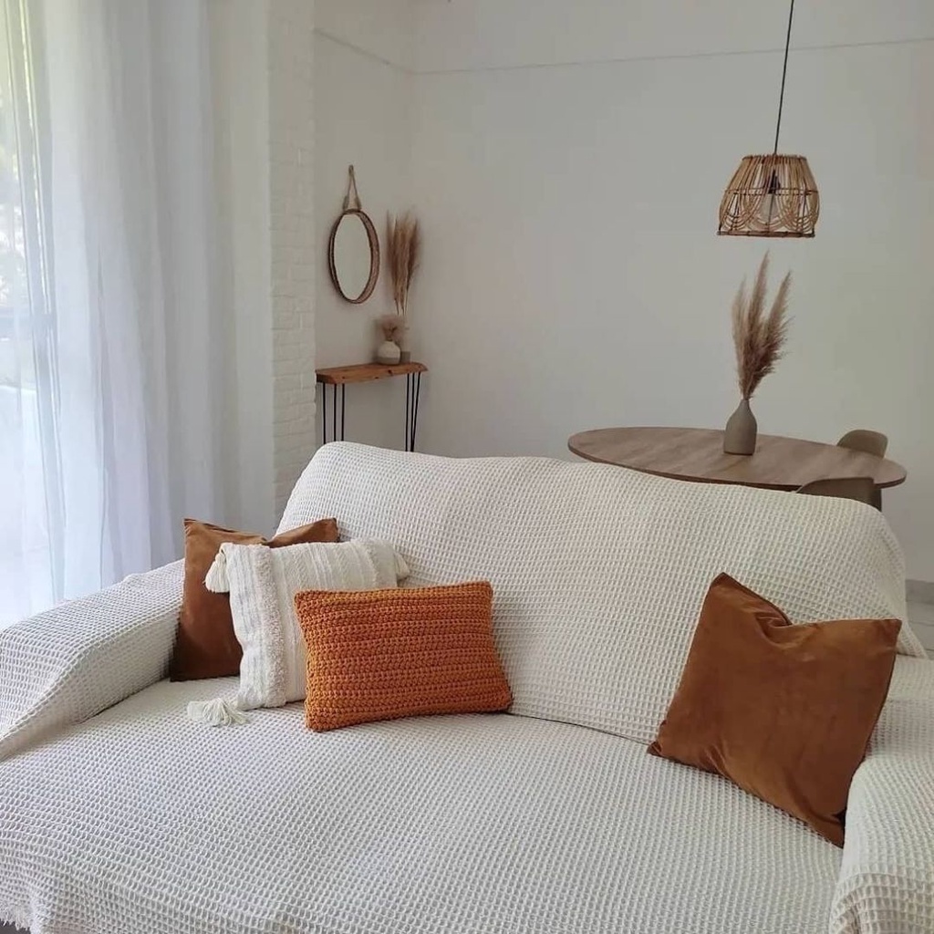 Manta Decorativa Protetora Para Sofa Retratil Grande Gigante 260×280 King Cor Bege Claro Cru Decoraçao Rustica Boho