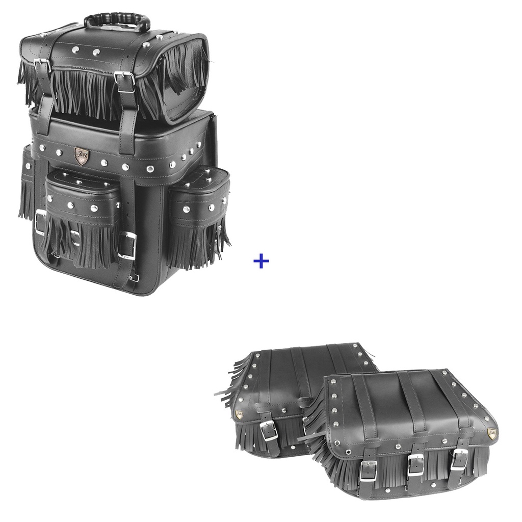 Kit Viagem Alforge Traseiro 32 Litros Couro Sintético C/ Cravos e Franjas + Alforge Lateral 3F 25 Litros Couro Sintético C/ Cravos e Franjas