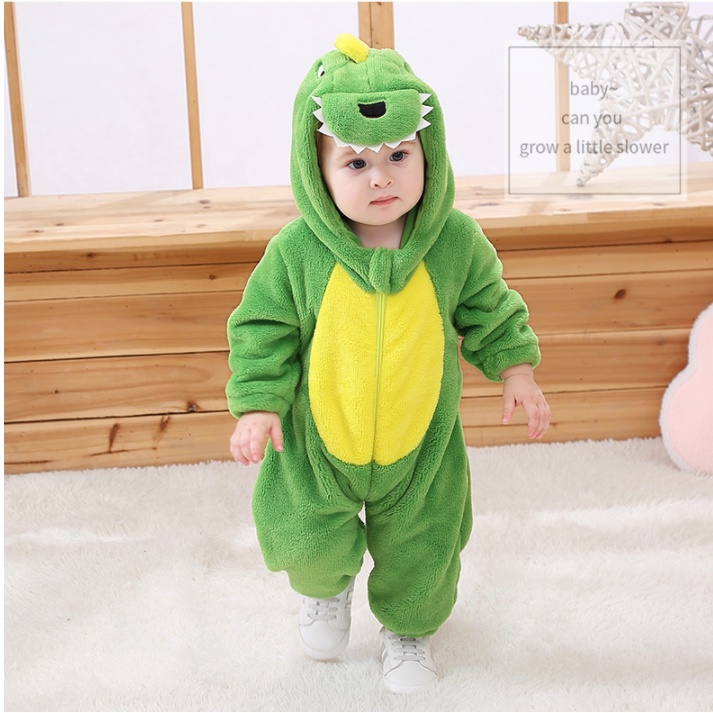 Detalhes do Bebê Bonitinho Romper One Piece Green Dinossauro Cartoon Roupa De Inverno Flanela Fato De Salto Macio