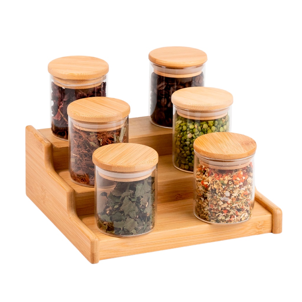 Kit potes porta tempero de vidro 200ml e organizador retrátil de bambu - Oikos em Oferta na Shopee