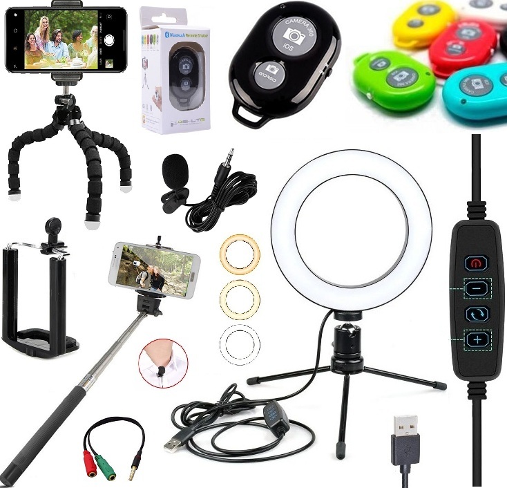 Kit Youtuber Microfone Lapela + Tripé Celular Universal + Iluminador Ring Light