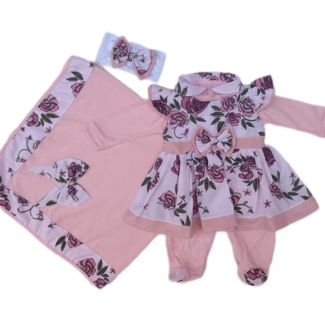 Saída De Maternidade Bebê Menina Rosa Floral Charlotte 05 Peças 100% Algodão